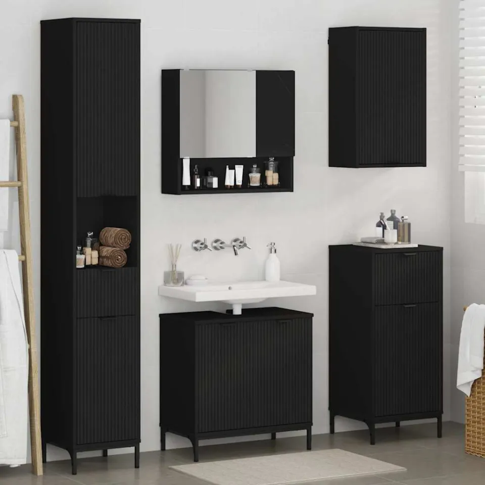 vidaXL Badkamermeubelset met lade Zwart Engineered hout, Metaal, foto 4