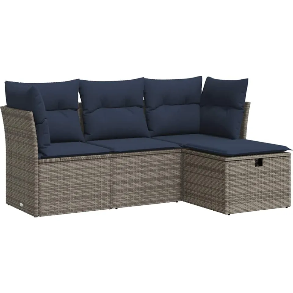 vidaXL 4-delige Loungeset met kussens poly rattan grijs, foto 3