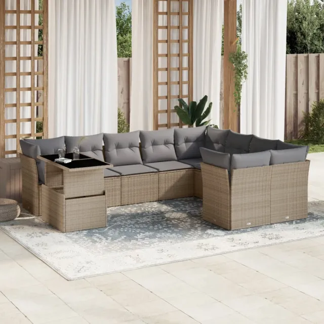 vidaXL 10-delige Loungeset met kussens poly rattan beige, foto 2