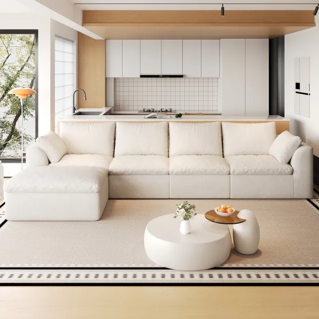MIVRAY Hoekbank 310 x 155 x 83 cm - L Vormige Zitbank voor Vijf Personen met Zachte Schuimvulling - Woonkamer - Linnen - Beige Wit Beige-wit