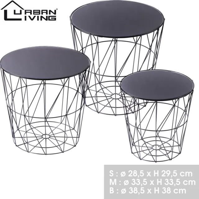 Urban Living "BOUDOIR FROUFROU" Set van 3 decoratieve bijzettafels met zwart metalen frame