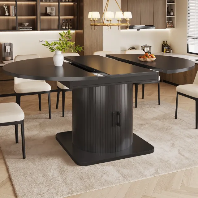MEUNIQ Uitrekbare eettafel 118-158 x 118 x 76 cm met opbergruimte, MDF en metaal, zwart, modern voor eetkamer en homeoffice Black
