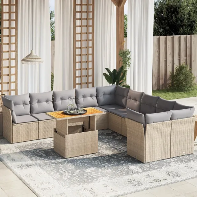 vidaXL 11-delige Tuinset met kussens poly rattan beige, foto 2
