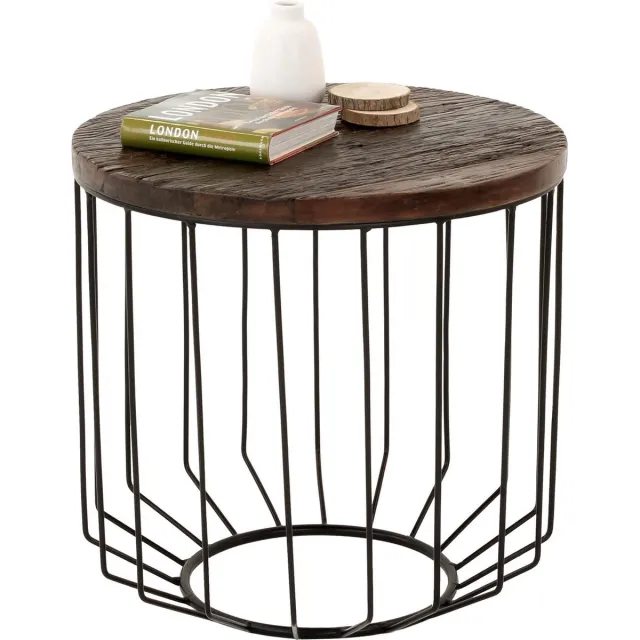 womo-design bijzettafel rond Ø 50 x 50 cm van natuurlijk massief oud hout met zwart metalen frame en mand moderne salontafel multifunctionele banktafel voor woonkamer en slaapkamer industrieel minimalistisch stijlvol stevig Zwart/Bruin