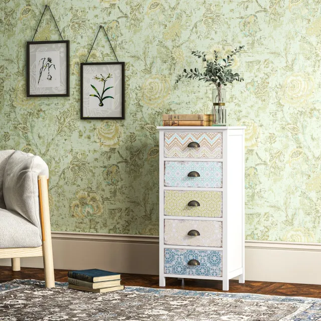 OKWISH Ladekast Met 5 Lades Shabby Chic Vintage Opbergkast Voor Woonkamer Slaapkamer Kinderkamer MDF Multicolor 46 X 34 X 97,5 Cm Meerkleurig