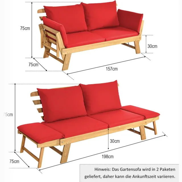 Laura Tuinbank 2-zits met verstelbare armleuningen en ligfunctie 198 x 75 x 75 cm – Massief Acaciahout, Inclusief Kussens, Weerbestendig, Opklapbaar Design voor Tuin, Terras en Balkon – Laura Rood
