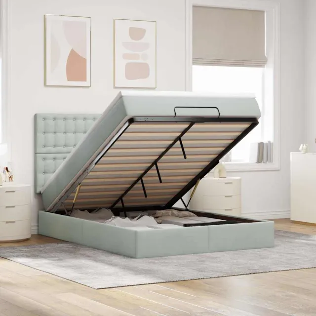 vidaXL Ottoman bed met matrassen en LED's 140x200cm fluweel lichtgrijs grijs