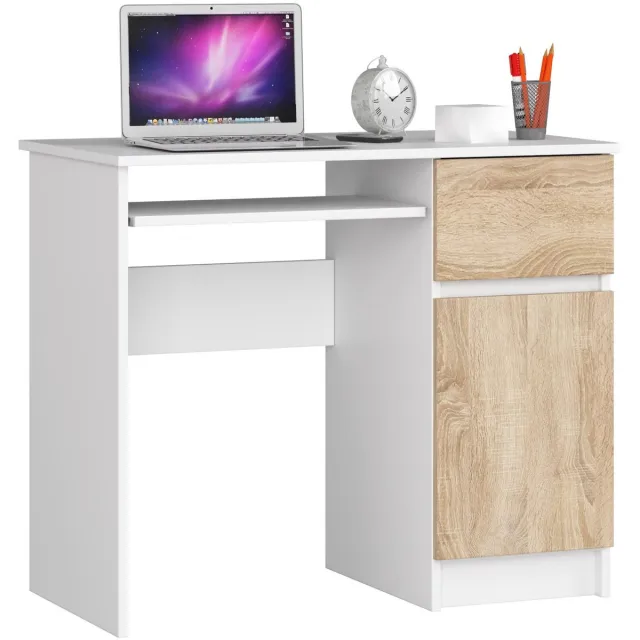Akord Bureau Rechts PIKSEL / Computerbureau / Computer Tafel / Bureautafel Rechts / Wit – Sonoma Eik / 90 x 77 x 50 cm