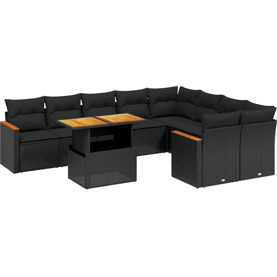 vidaXL 10-delige Loungeset met kussens poly rattan zwart, foto 3