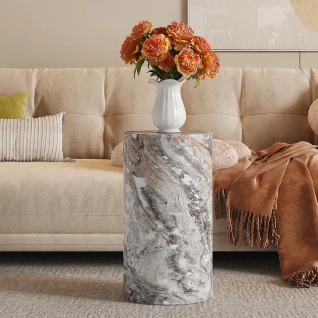 intebiki Elegante ronde salontafel van MDF met een grijze marmerlook – een moderne, minimalistische woonkamerdecoratie. Ideaal als kleine salontafel, bijzettafel, banktafel of theetafel. Grijs