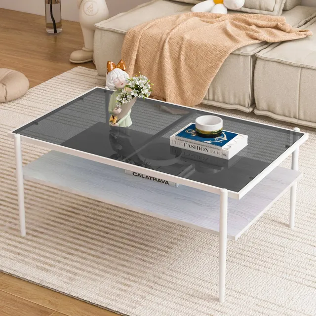 Wishdor Salontafel - Gehard Glas - Modern - Voor De Woonkamer - MDF En Metaal - Grijs En Wit Grijs + Wit