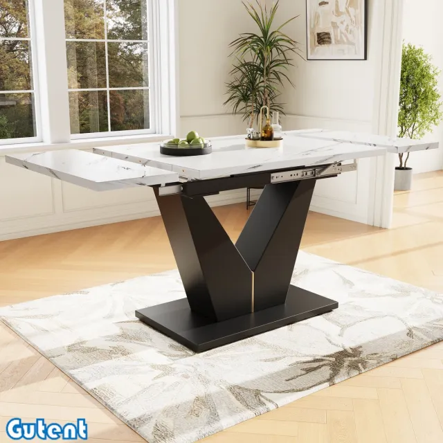 Gutent Uitschuifbare eettafel (99-159 x 75 cm)-Ruimtebesparend-Breed werkblad-Wit tafelblad-Met V-vormige decoratie Wit en Zwart