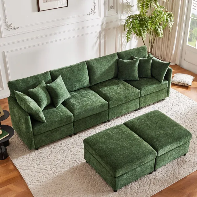 HAUSS SPOLE Hoekbank - Modulair Sofa Met 2 Hockers En 6 Kussens - U-Vorm Of L-Vorm - Voor Woonkamer En Appartement - Chenille Groen