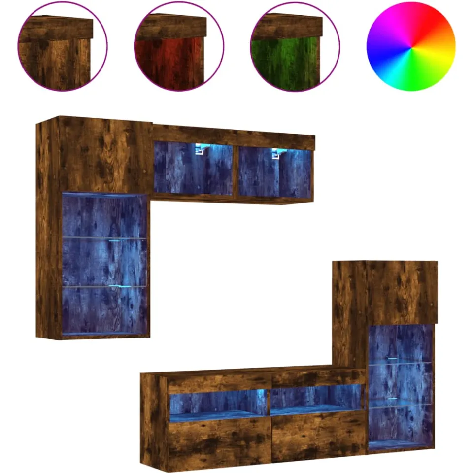 vidaXL 5-delige tv-wandmeubelset met LED bewerkt hout gerookt eiken, foto 4