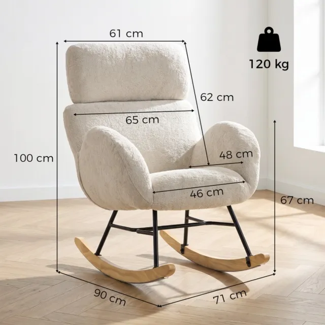OKWISH Schommelstoel 90 x 71 x 100 cm - Verstelbare Hoofdsteun - Voor Woonkamer en Leeshoek - Fluweel en Hout - Crèmewit