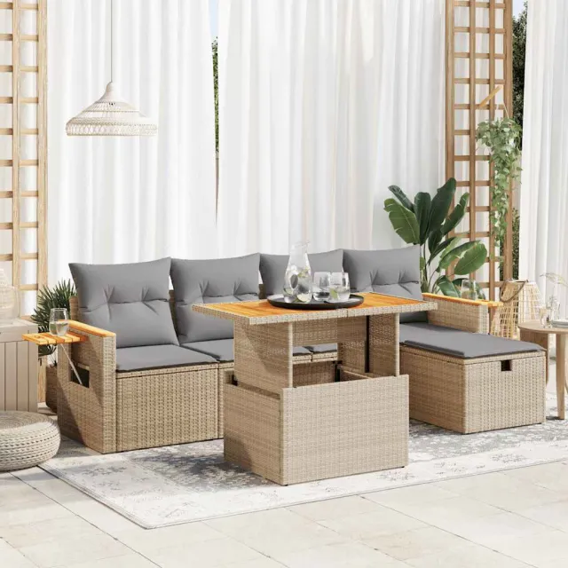 vidaXL 6-delige Loungeset met kussens poly rattan beige, foto 2