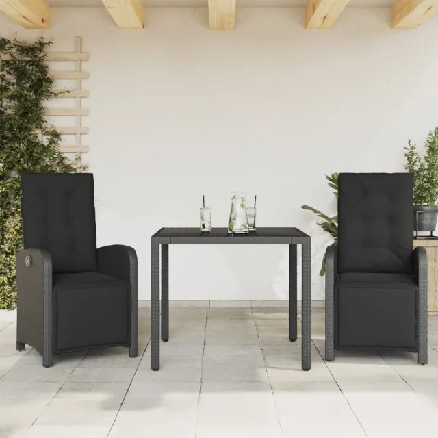 vidaXL 3-delige Bistroset met kussens poly rattan zwart, foto 2