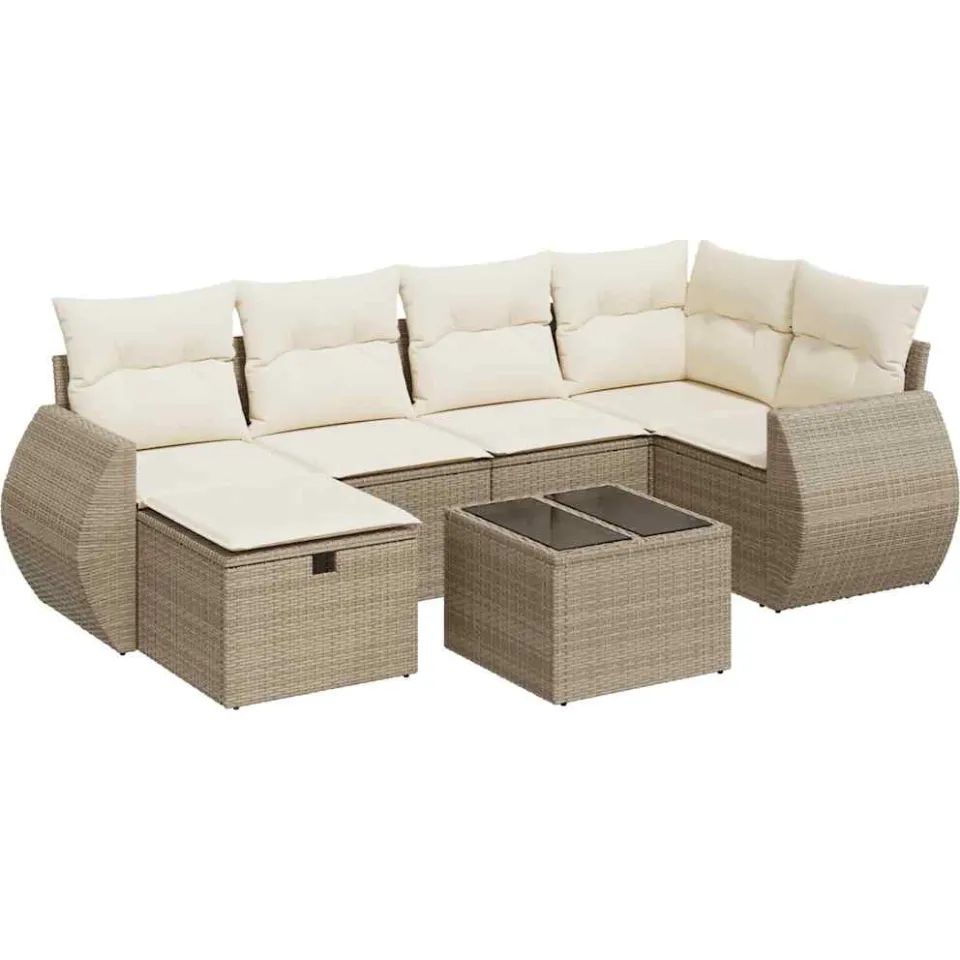 vidaXL 7-delige Loungeset met kussens poly rattan beige, foto 3