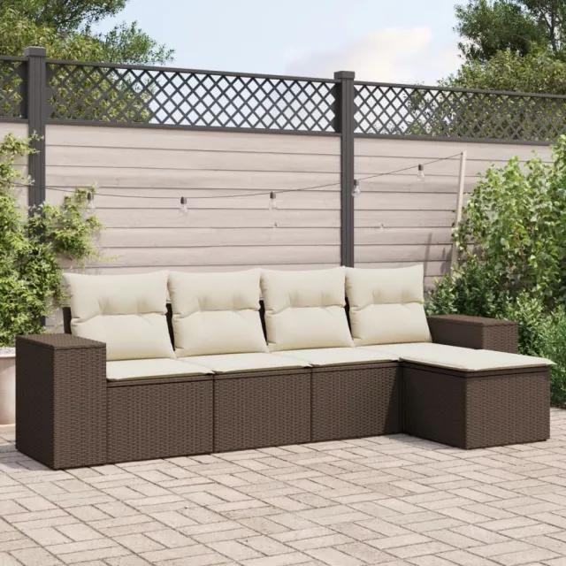 vidaXL 5-delige Loungeset met kussens poly rattan bruin, foto 2
