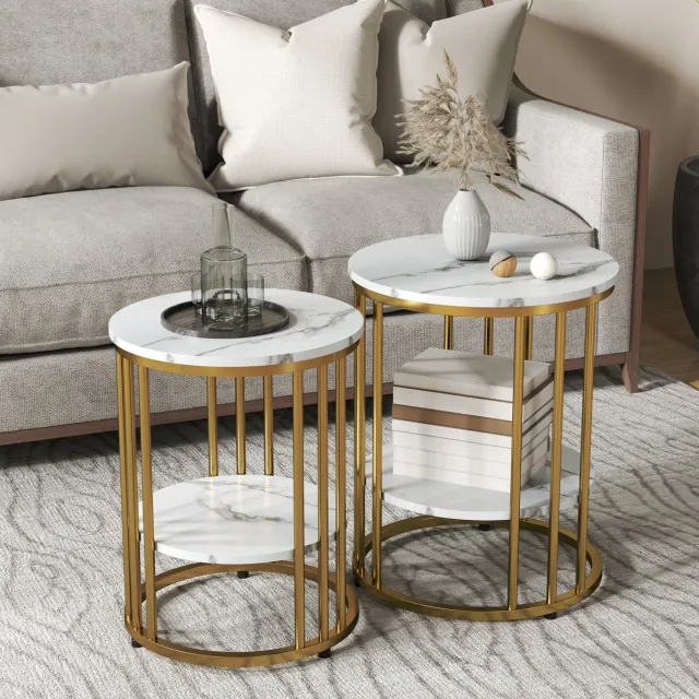 OKWISH Salontafel - Set van 2 Ronde Bijzettafels met Onderplank - Voor Woonkamer en Slaapkamer - MDF en Metaal Wit Goud - 45 cm