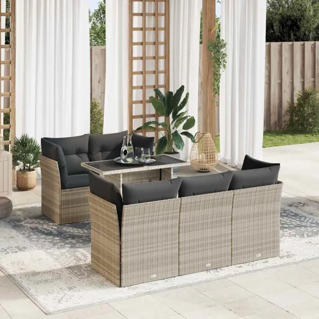 vidaXL 6-delige Loungeset met kussens poly rattan lichtgrijs grijs, foto 2