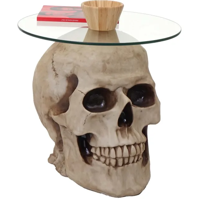 Cosmo Casa Bijzettafel Doodshoofd - Glazen Tafel Woonkamertafel Salontafel Schedel - Polyresin rond Ø55cm natuur beige