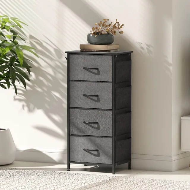 TEKROA Ladekasten - Commode met 4 laden en stoffen bekleding - opbergmeubel met 4 vakken - 2 haken, stalen frame - 45 x 30 x 94,5 cm - grijs Madera Natural