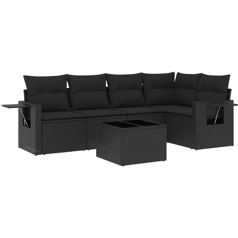 vidaXL 6-delige Loungeset met kussens poly rattan zwart
