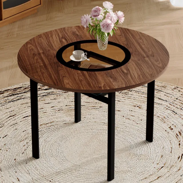 HAUSS SPOLE Eettafel Rond - Minimalistisch Met Glas Inleg En Opbergplank - Voor Eetkamer Woonkamer - MDF Metaal - 100 Cm - Bruin