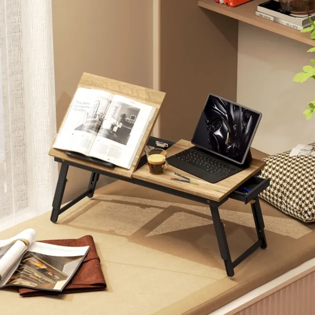 MODENUIT Bedtafel 83,5 x 33 cm - Verstelbaar en Kantelbaar - Voor Bed en Bank - MDF Bamboe - Eikenlook