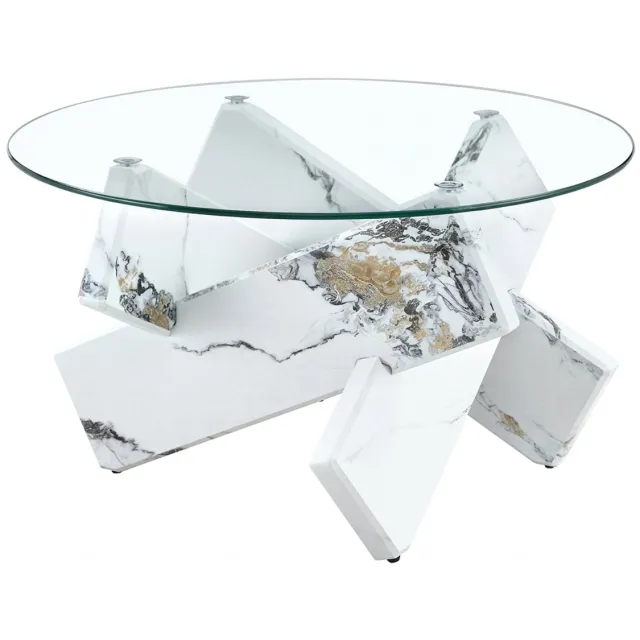 Rolipo Ronde Salontafel MDF en Glas – 79 cm – Gehard Glazen Blad met Witte Marmerlook Poten – Modern Design