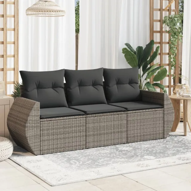 vidaXL 3-delige Loungeset met kussens poly rattan grijs, foto 2