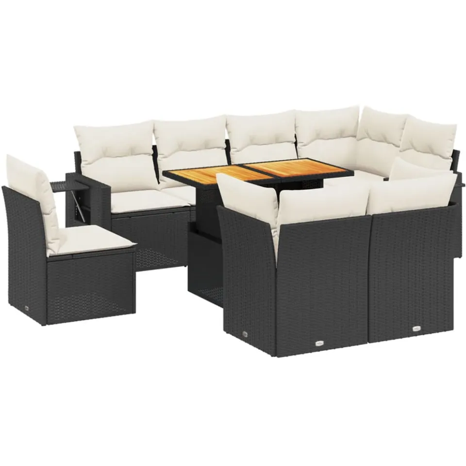 vidaXL 9-delige Loungeset met kussens poly rattan zwart
