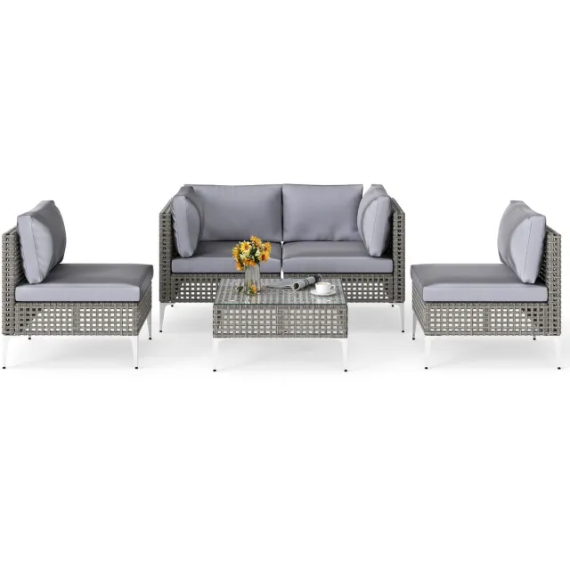 Costway Rotan tuinmeubelset, balkonmeubelset met zit- en rugkussens, terrasmeubels, tuingarnituur, zitgroep, zitgroep voor tuin, terras, balkon Grijs