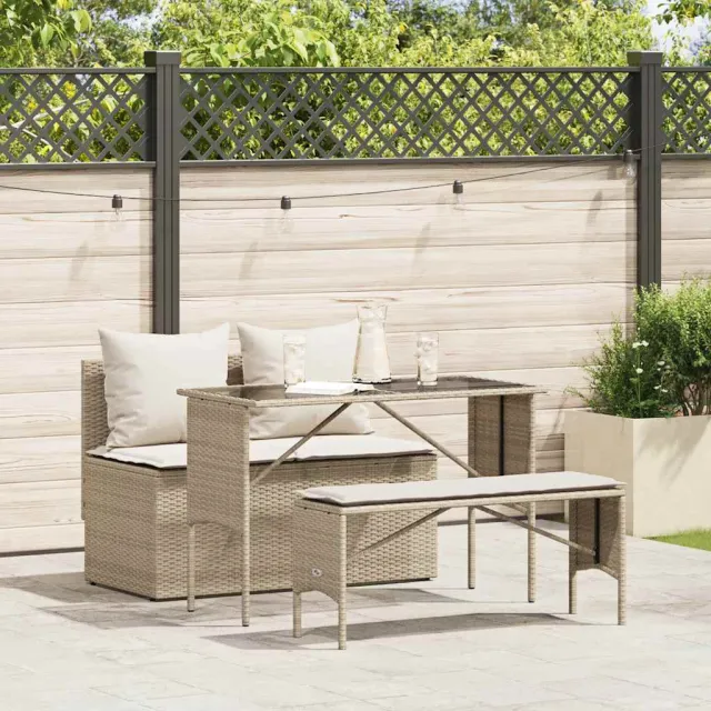 vidaXL 3-delige Tuinset met kussens poly rattan beige, foto 2