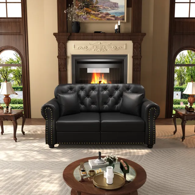 VVBV Chesterfield 2-Zitsbank 160 cm - Kunstleer Zwart - Tweezitsbank met Pocketvering en Klinknagels