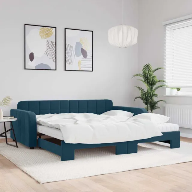 vidaXL Slaapbank onderschuifbed en matrassen 100x200 cm fluweel blauw