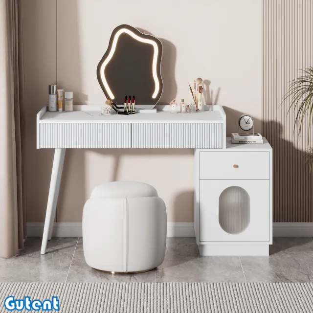 Gutent Kaptafel - met LED Spiegel en verlichting - Wit - Drie laden - afmetingen: B100/H75/D40 cm (Zonder kruk)