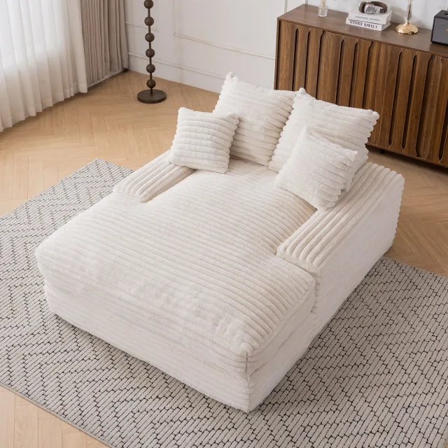 OKWISH Chaise Longue 135 x 165 cm - Ergonomisch Ligcomfort Met 4 Afneembare Kussens - Woonkamer Of Studio - Cord - Beige