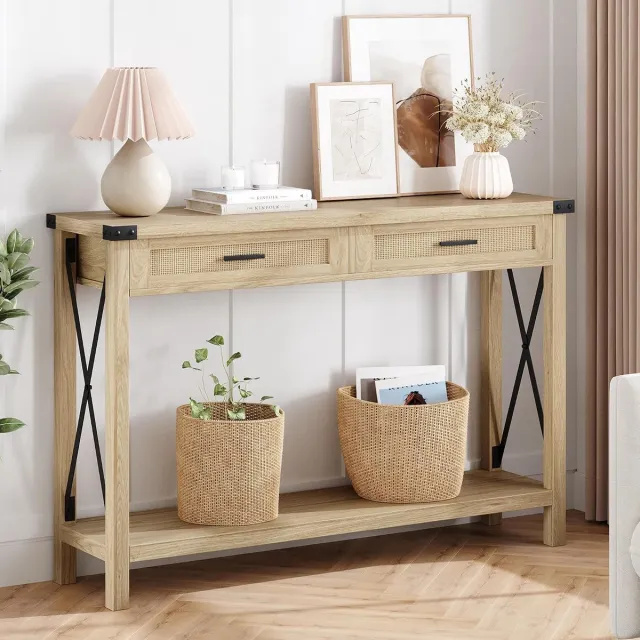 Danky Sidetable met Rotan Lades - Consoletafel Boho & Industrieel - Haltafel met Opbergruimte - Smalle Sidetable voor Gang en Woonkamer - 110x30x76 cm - Naturel Hout & Zwart Metaal