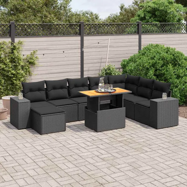 vidaXL 9-delige Loungeset met kussens poly rattan zwart, foto 2