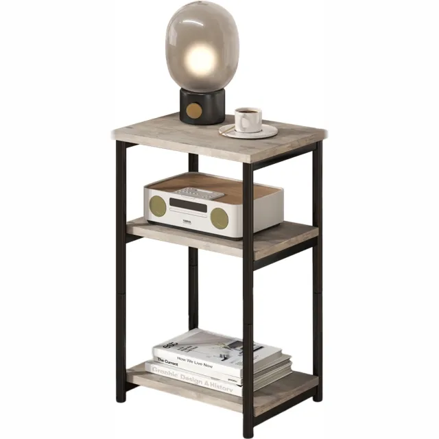 Triumpunpre Smal Bijzettafel / Sidetable 3-Lagen - Klein Tafeltje & Tafel naast het Bed met Open Opbergruimte & Verstelbare Voetjes - 46 x 20 x 63 cm - Grijs Houtlook & Metalen Frame - Voor Woonkamer & Slaapkamer