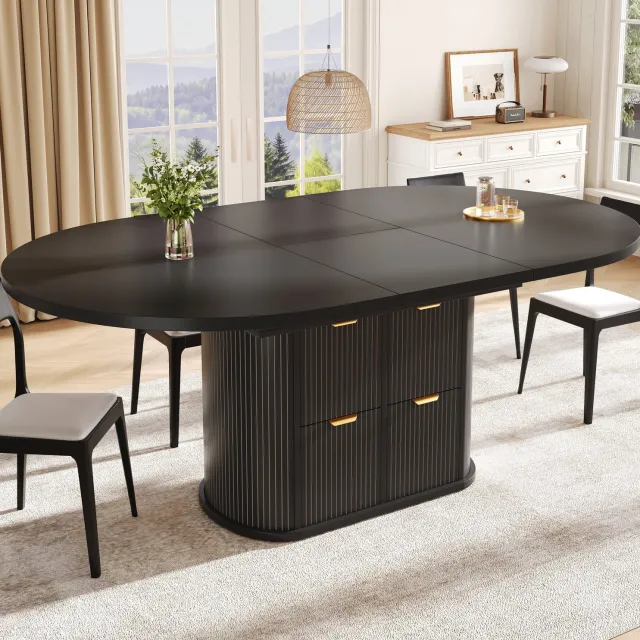 HAUSS SPOLE Eettafel - Uitschuifbaar met 2 Lades - Voor 4 tot 6 Personen in de Eetkamer - MDF en Metaal - Zwart - 118 of 158 x 118 x 76,8 cm