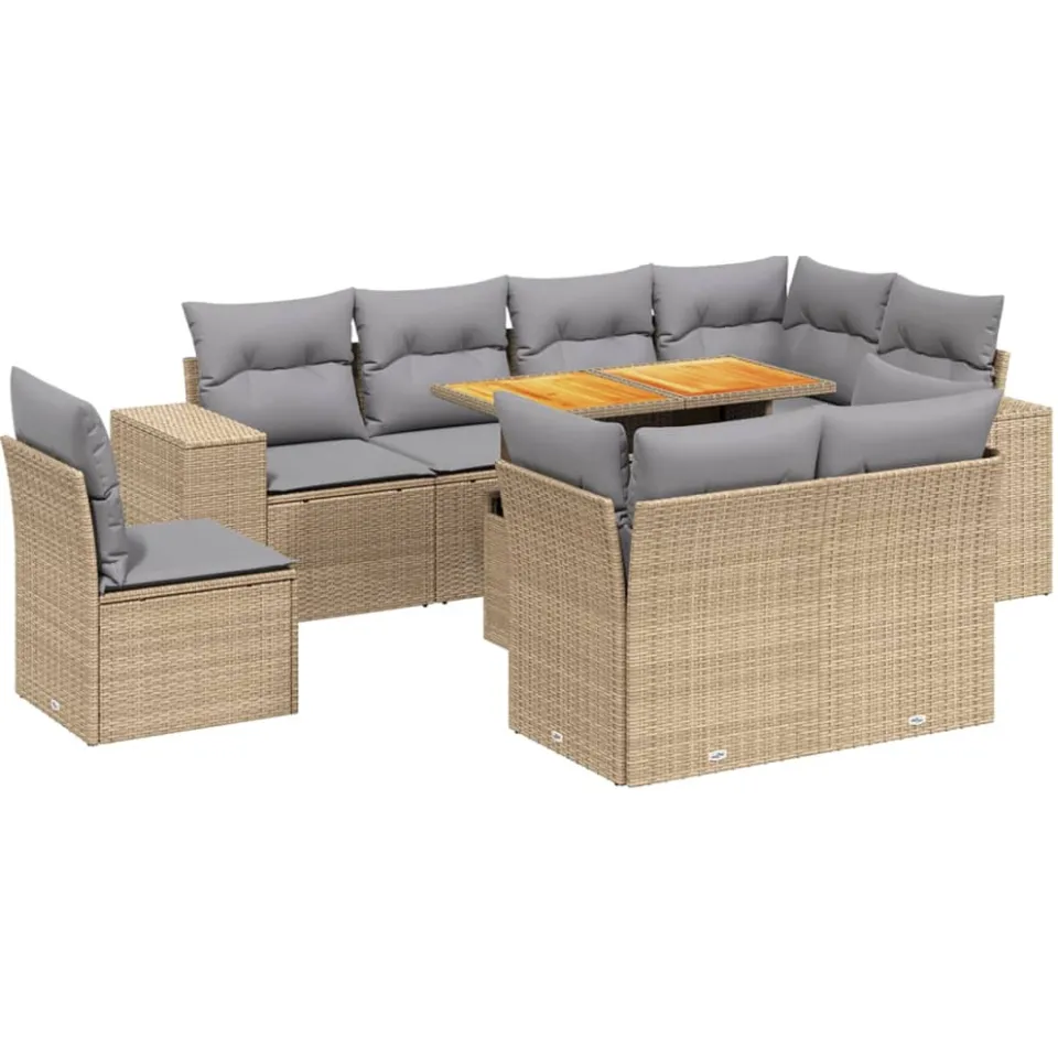 vidaXL 9-delige Loungeset met kussens poly rattan beige, foto 3
