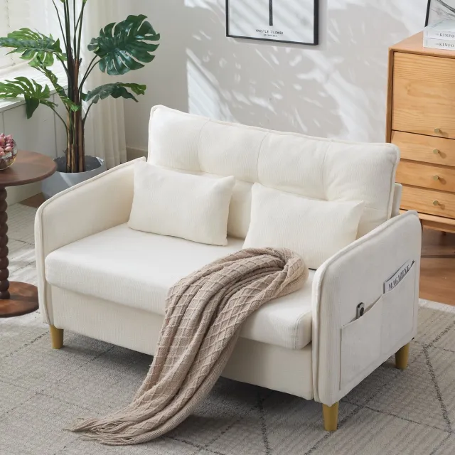 MEUNIQ 2-zits bank 127 cm met armleuningen, zijvakken en houten frame, chenille, voor woonkamer of studeerkamer, beige