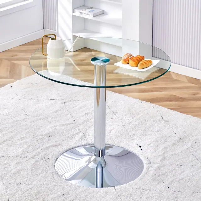 WUVRIE Ronde bartafel Ø 85 cm - Transparant glazen blad en zilverkleurig metalen onderstel - Zilver