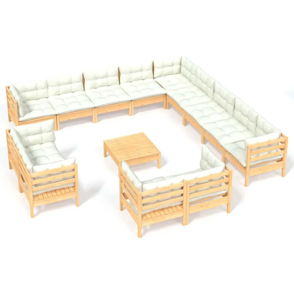 vidaXL 14-delige Loungeset met crèmekleurige kussens grenenhout