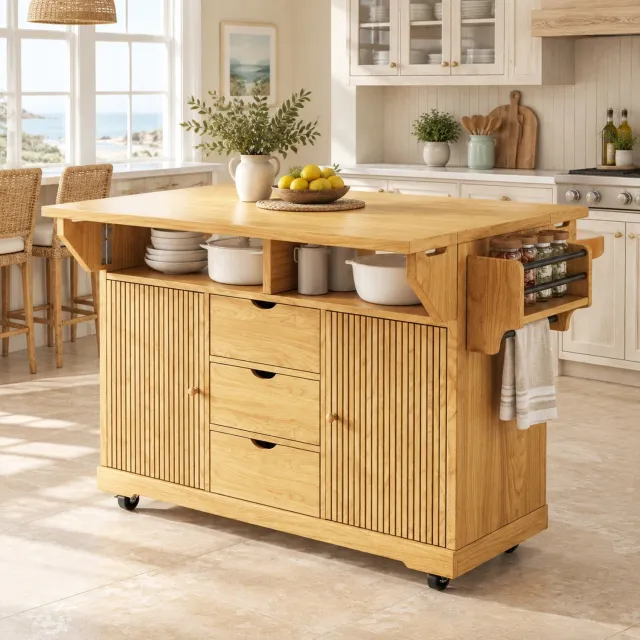 WUVRIE Keukeneiland 142,5x80x95 cm - Opklapbare zijbladen, 3 lades en wielen met rem - Bruin