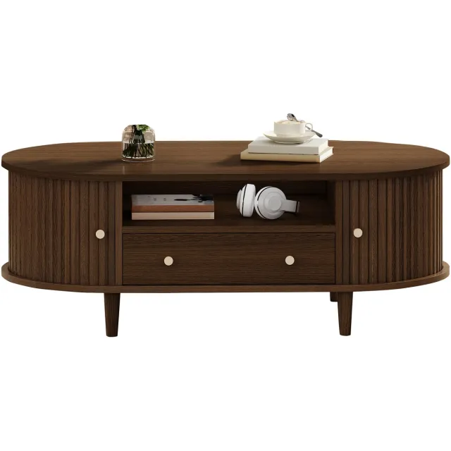 DESMIU Ovale Salontafel - Opbergruimte Met Lade En Schuifdeuren - Voor Woonkamer En Kleine Ruimtes - MDF - Walnoot - 100x50x36 Cm