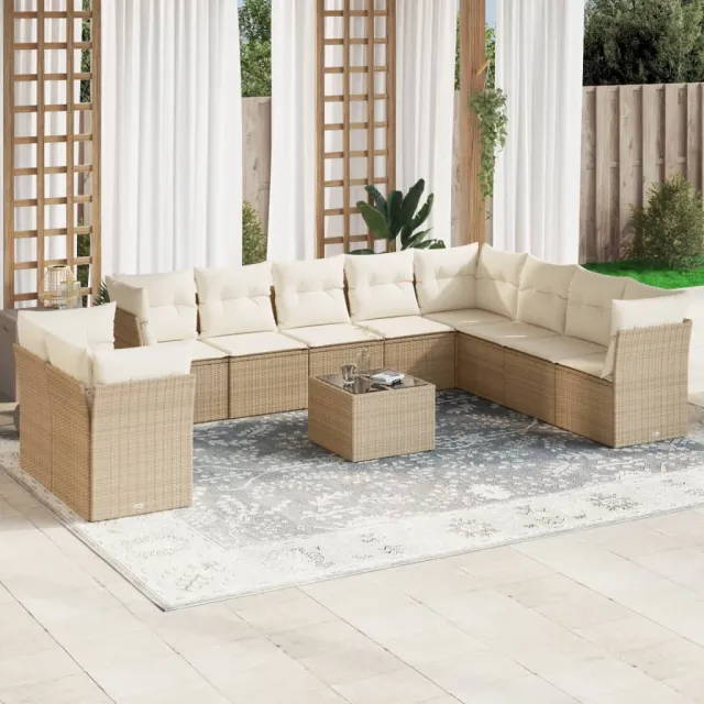 vidaXL 11-delige Tuinset met kussens poly rattan beige, foto 2